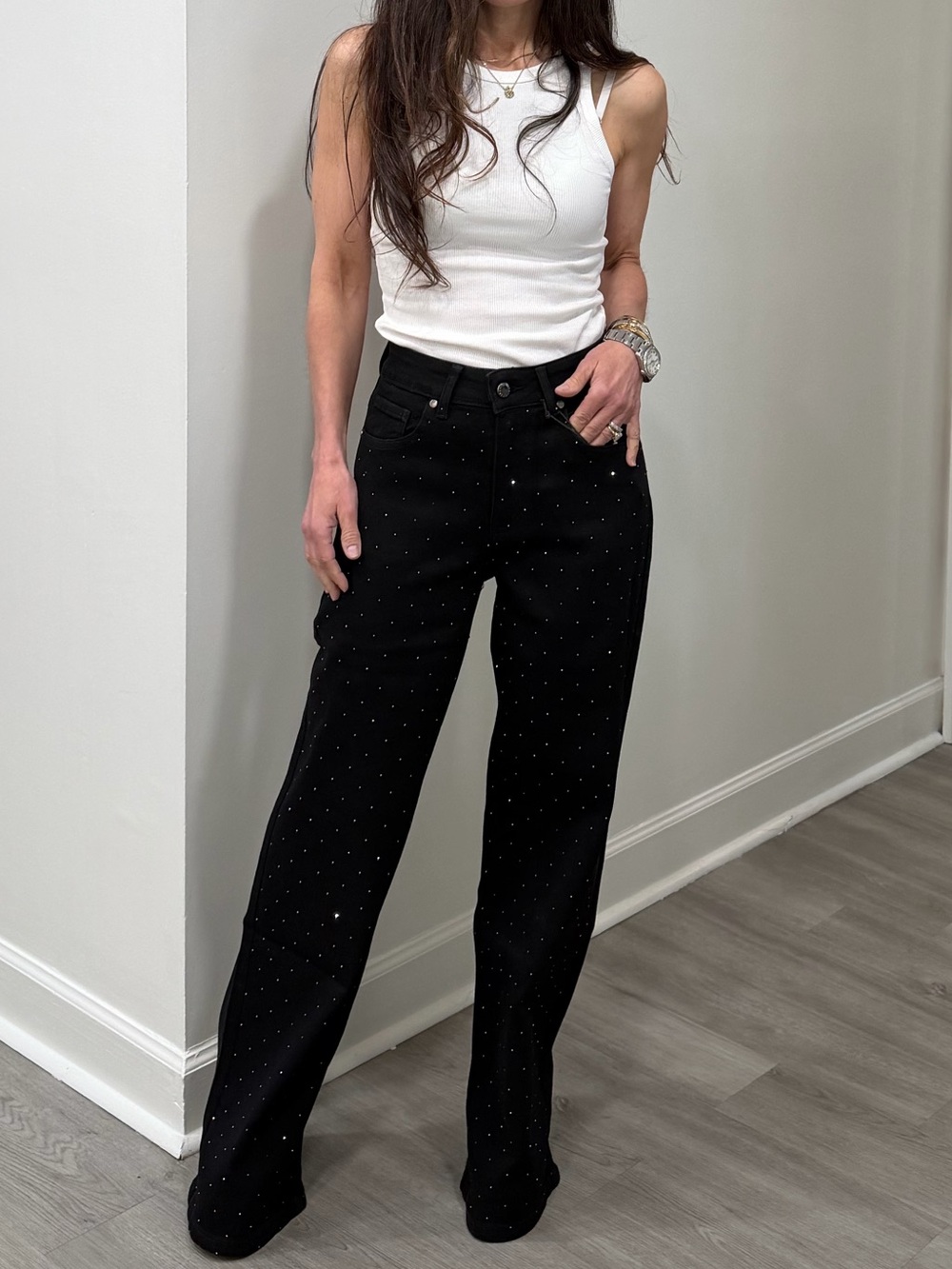 ShopEvelynne Black Wide Leg Jeans with Subtle Silver Studs
